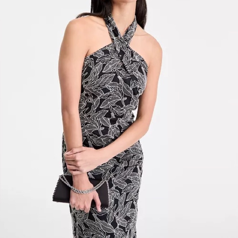Elegant Black and White Floral Pattern Halter Dress